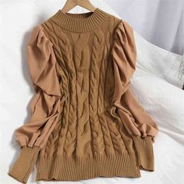 Spring Fall Women Fashion Long Sleeve Office Lady Patchwork Knitted Sweater Dress Korean Casual Mini Sheath Bodycon 210514
