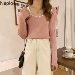 Neploe Square Collar Black Sweater for Women Long Sleeve Slim Knitted Pullovers Sueter Mujer Puff Sleeve Beadage Jumper Tops 210422