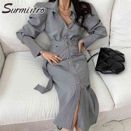 Korean Style Chic Plaid Long Dress Women Elegant Single Breasted Puff Sleeve Office Lady Midi Female 210421