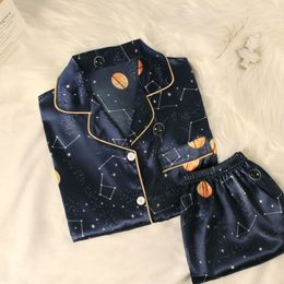 Pajama Sets Men Turn-down Collar Silk Short Sleeve Elastic Waist Solid Button Stain Fashion Sleepwear Male Casual Loose Simple