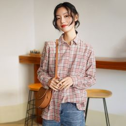 Johnature Women Plaid Cotton Shirts And Tops Soft Casual Spring Turn-down Collar Long Sleeve Female Korean Style Blouses 210521