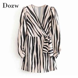 Stylish A Line Zebra Stripe Dress Women V Neck Bow Tie Fashion Party Dress Female Long Sleeve Casual Dresses Vestidos 210414