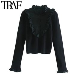 TRAF Women Fashion Patchwork Ruffled Cropped Knitted Sweater Vintage High Neck Long Sleeve Female Pullovers Chic Tops 210415