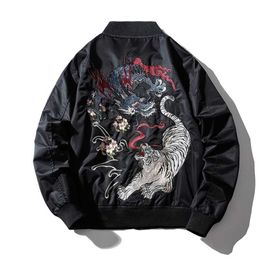 Embroidery Mens Bomber Jacket Dragon Tiger Autumn Winter Pilot Men Hip Hop Japanese Baseball Youth Streetwear 211217