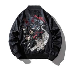 Bordado Mens Bomber Jaqueta Dragão Tigre Outono Inverno Piloto Homens Hip Hop Japonês Basebol Juventude Streetwear 211217