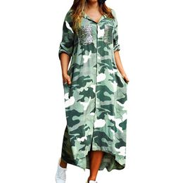 Color : Camouflage, Size : M Vestido de camisa de manga larga para mujer Otoño Impreso Vestidos largos Cuello de rechazo suelto Sundress Vestidos de fiesta