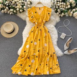 Neploe Elegant Ruffles Patchwork Long Dress Women Holiday Print Bohemian Slim Vestidos V Neck Flying Short Sleeve Robe Summer 210423