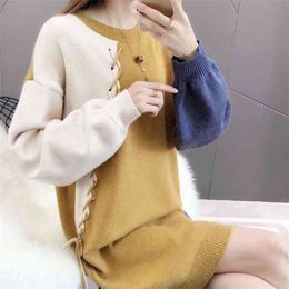 Sweater Women's Mid-length Net Red Lazy Wind Pullover Temperament Loose Knitted Knee-length Dress 210427