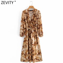 Women Vintage Press V Neck Animal Tie Dye Printing Casual Slim Midi Dress Female Chic Bow Sashes Split Vestido DS4754 210420