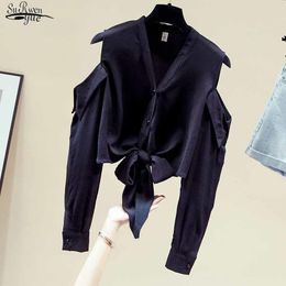 Long Sleeve Chiffon Shirt Solid Black Off-shoulder Blouse Women Autumn Lace-up Waist Tops Bow Tie Cardigan Shirts 11593 210508