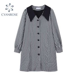 Vintage Shirt Dress Plaid Long Sleeve Peter Pan Collar Elegant Korean Preppy Style Frocks Button Spring Midi Crop Dress 210417