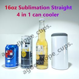 16oz Sublimation tumblers straight 4 in 1 can coolers for cans beer bottle blank Glossy tumbler With Dual lids boxes Stainless Steel Double wall Vacuum Insulated Cup