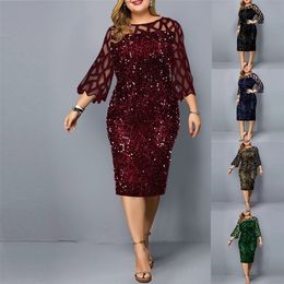 Plus Size Clothing For Women Midi Dress Mother Bride Groom Outfit Elegant Sequins Wedding Cocktail Party Summer 5XL 6XL 220314