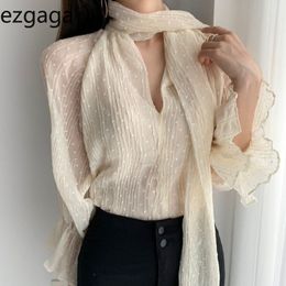 Ezgaga Office Lady Elegant Shirts V-Neck Long Flare Sleeve Chiffon Lace Up Spring New Fashion Dot Women Blouse Tender Tops 210430