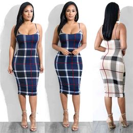 Summer Sexy Spaghetti Strap Bodycon Plaid Sheath Dress Women Spring Backless Elastic Party Dresses Casual Vestidos robe femme X0521