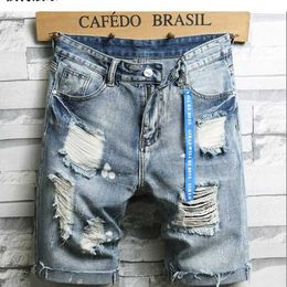 Light Blue Denim Shorts For Man New Fashion Male Holes Shorts Jeans Straight Fit Jeans Shorts Good Quality Men Cotton Jean Pants X0705