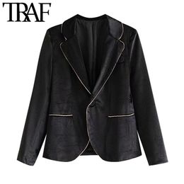 TRAF Women Fashion Patchwork Velvet Single Button Blazer Coat Vintage Long Sleeve Pockets Female Outerwear Chic Tops 210415