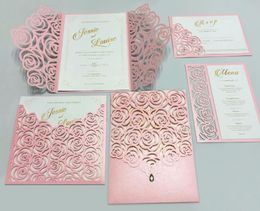 invites Canada - Greeting Cards Pink Rose Wedding Invitations Romantic Invitation Gold Printing Invite - Set Of 50 Pcs