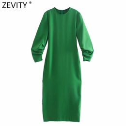 Women High Street Solid Colour Pleated Sleeve Slim Green Midi Dress Female Chic Zipper Side Split Kimono Vestidos DS8125 210416
