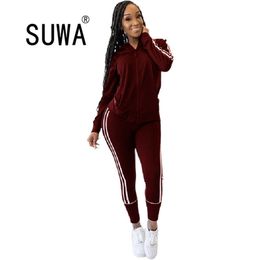 Side White Striped Patchwork Joggers Tracksuit Women Sets Long Sleeve Jacket Top Pencil Pants Wholesale Clothes 2 Pieces 210525