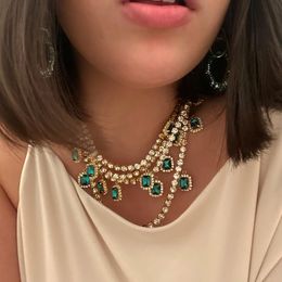Multi Layer Green Crystal Cube Pendant Necklace Statement Choker For Women Hip Hop Tennis Rhinestone Chain Men Jewellery Necklaces
