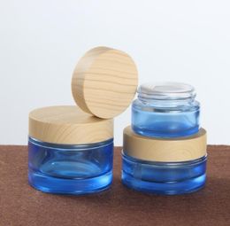 20g/30g/50g/50ml Blue colour Frosted empty cosmetic cream jar bottle cream-bottle cap/Wood cap/cosmetics Bottles glass 100pcs/lot SN2877