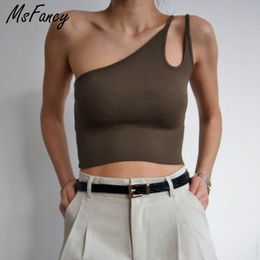 Msfancy Summer Crop Tops Women Slant Shoulder Irregular Haut Femme Sexy Ladies Black Tank Top 210604