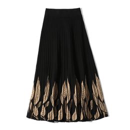 Autumn Winter Women's Skirt Ethnic Printed Knitted Slim High Waist Mid-length Female Pleated s GX452 210507