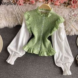 Neploe Fake Two Vintage Blouses Women Ruffles Shirts Slim Fit Pleated Ruffles Blouse Patchwork Tops Blusas Mujer De Moda 210422