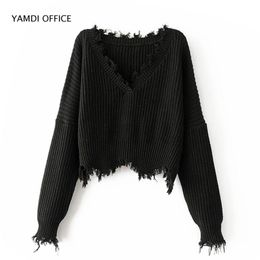 YAMDI women tassel sweater autumn winter solid orange white black sweaters cropped jumpers v neck sexy knitted pullover 211007