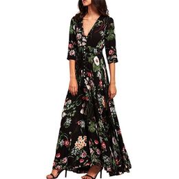 Dresses Women's Floral Printed Button Up Half Sleeve Split Flowy Party Long Dress plus size dresses for women 2xl zomer jurk 15# 210331