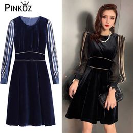 elegant black velvet patchwork mesh long sleeve O-neck A-line lady spring autumn mini dress women casual daily plus size 210421