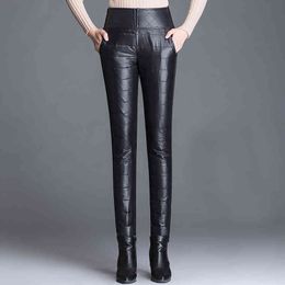 Autumn Winter Casual Solid Color High waist Thickened Black Pants Slim lattice Fake Zippers Legged Pencil 619C 210420