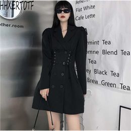 spring elegant women V neck Double Breasted Lace-Up Long Sleeve Temperament casual dress 210531