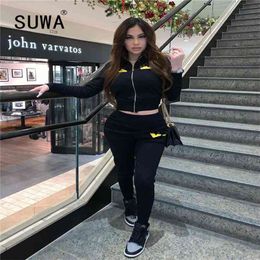 Trendy Chic Print Tracksuit Women 2 Piece Outfits Matching Sets Long Sleeve Jacket Tops Skinny Pants Trousers Sexy Fitness Wear 210525