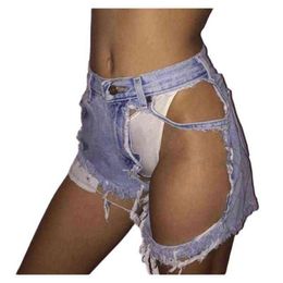 2022 Summer New Women Big Hole Sexy Hollow Out Jeans Denim Shorts Pole Dance Shorts Y220311