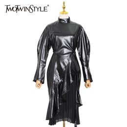 Patchwork Mesh Leather Women Dress Stand Collar Long Sleeve High Waist Midi Dresses Female Fall Fashion 210520