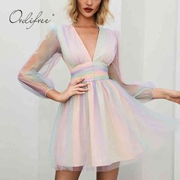 Summer Women Mini Party Long Sleeve Mesh Rainbow Print Short Tulle Dress 210415