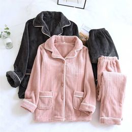 Winter Flannel Couple Clothes Pyjama Set Sleepwear Femme Pyjama Long Sleeve Trouser Ensemble Female Pijama Thicken Warm Homewear 211112