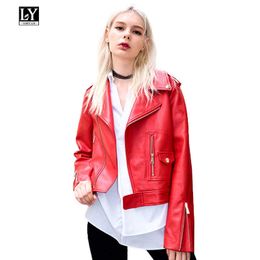 Ly Varey Lin Pu Leather Jacket Women Motorcycle Biker Red Faux Soft Jackets Turn-down Collar Slim Punk Black Coat 210526