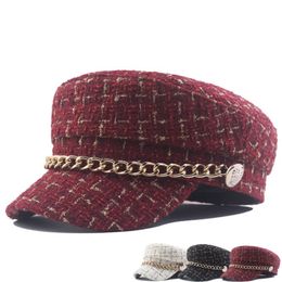 Women hats Tweed plaid newsboy caps chain flat top visor cap vintage military female autumn winter hat