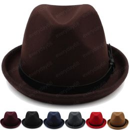 Autumn Winter Women Men Curled Wool Cap Vintage Solid Color Trilby Felt Fedora Hat With Leather Belt Stingy Brim For Lady Jazz Caps