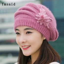 Wool Beanie's Winter Hats For Women Knitted Bonnet Caps Lady Brand Rabbit Fur Beanie Flower Skullies Hat 211119