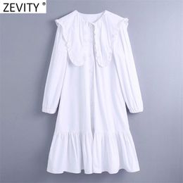 Women Sweet Big Peter Pan Collar Hem Pleat Ruffles White Shirtdress Female Agaric Lace Vestidos chic Dresses DS4957 210420