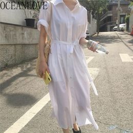 Elegant Vestidos Solid Bandage Fashion Korean Style Women Dress Vinatge Buttons Shirt Dresses Loose Robe 17071 210415