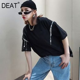 Spring And Summer Solid Black Cuffs Zipper Chain Decorative Pendant Short Sleeve T-Shirt Top For Women Casual GX1250 210421