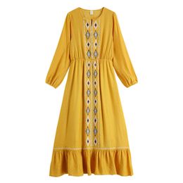 Women Yellow V-neck Embroidery Long Sleeve Beach Holiday Travel Empire Midi Dress Spring Summer D2493 210514