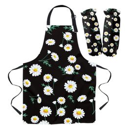 Aprons Daily Cleaning Apron Set Spring Daisy Flowers Black Chef Waiter Anti-oil Kids Cooking Gardening Work Sleeve Cover