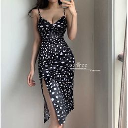 V-neck Side Split Sexy Dot Print Korean Fashion Slim Tank Summer Strap Dress Leopard Irregular Dresses For Women Party Y2k S8HE 210603