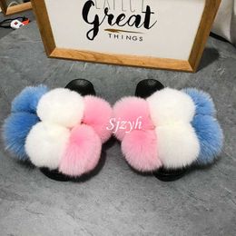 Ladies Summer Fur Slides Fluffy Raccoon Slippers Kids Plush Sandals Indoor Warm ry Flip Flops Female Shoes 210712